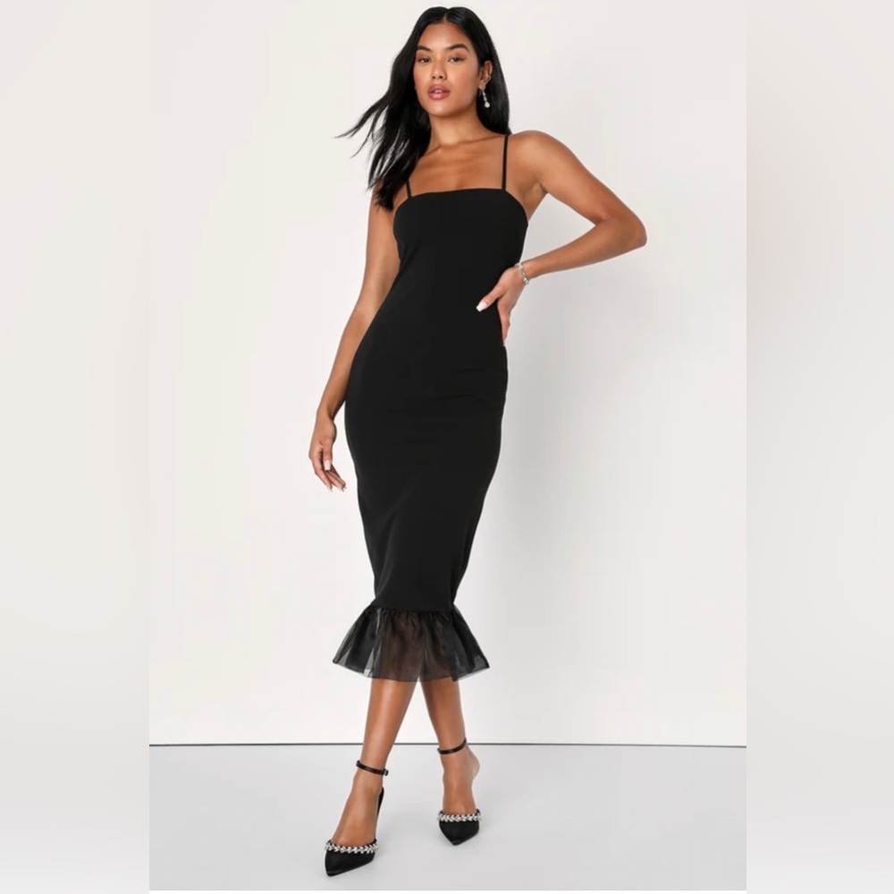 Lulus Absolutely Flirty Black Sleeveless Ruffled Bodycon Midi Dress Small